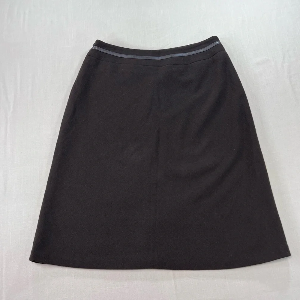 Jones New York Wool Skirt Size 6 Brown Leather Trim Zip Waist